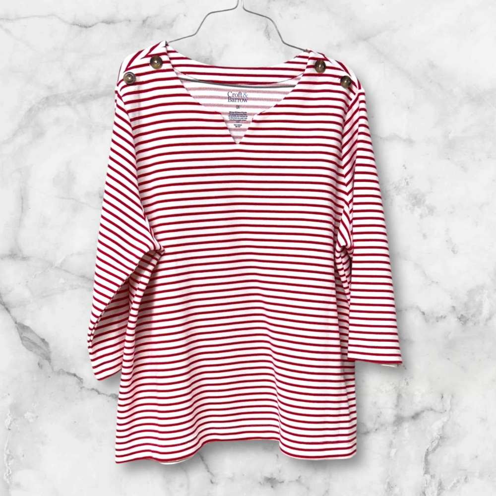 Croft & Barrow red and White Striped Shirt nautical quarter sleeve knit top 0X